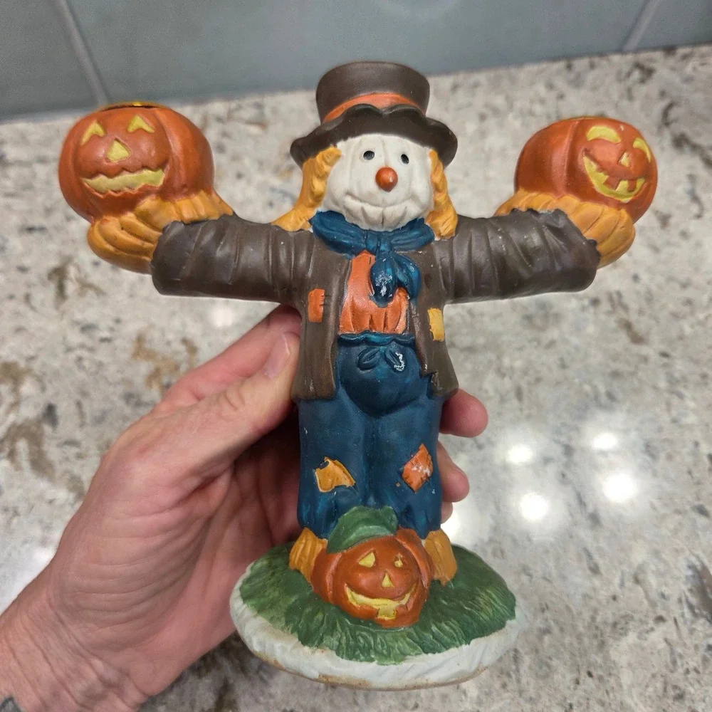 Vintage Scarecrow Porcelain‎ Taper Candle Holder Halloween Fall Decor ABC